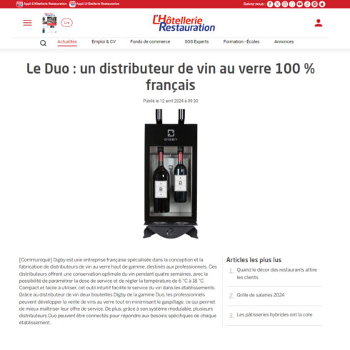 Distributeur de vin au verre Duo dans le media L'Hotellerie Restauration