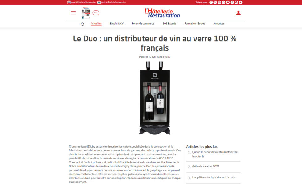 Distributeur de vin au verre Duo dans le média L'Hotellerie-Restauration
